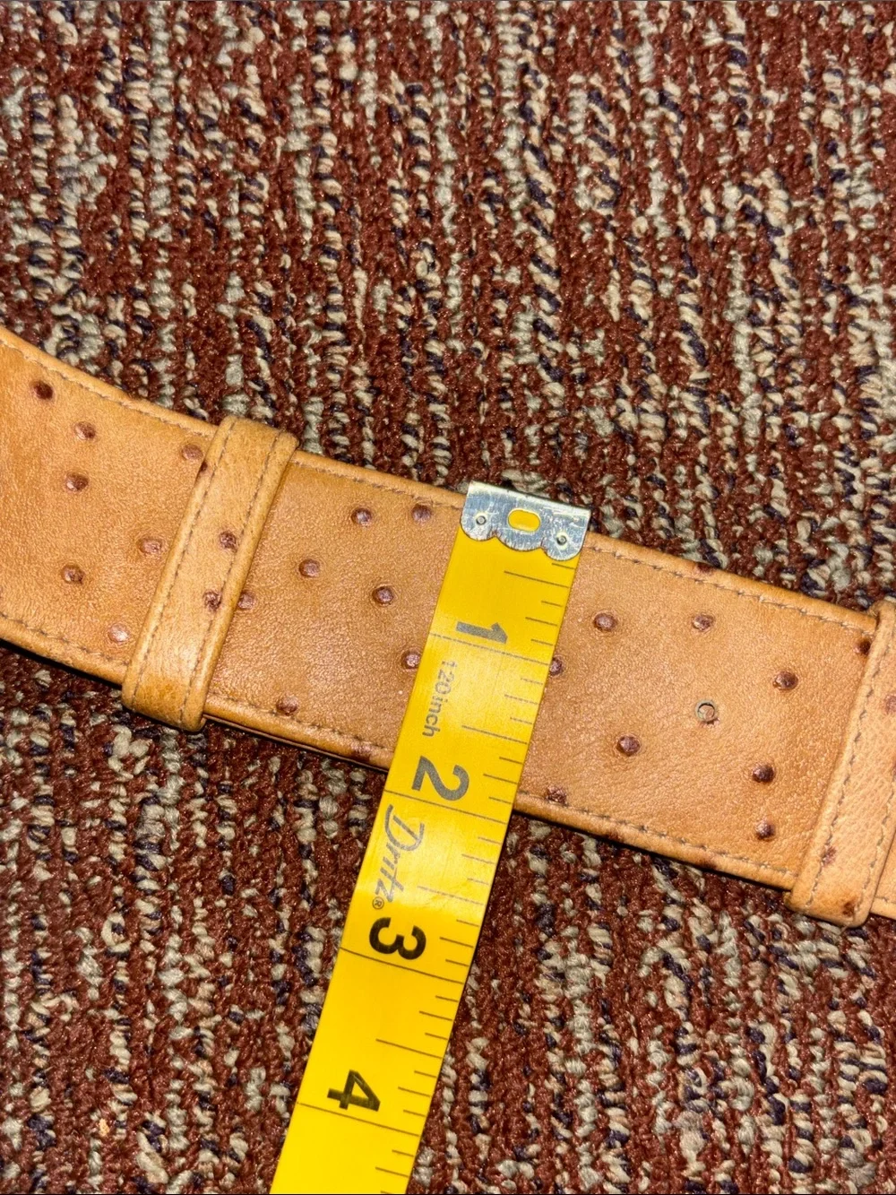 Vintage maximalist belt faux ostrich gold tone gladiator buckle leather belt